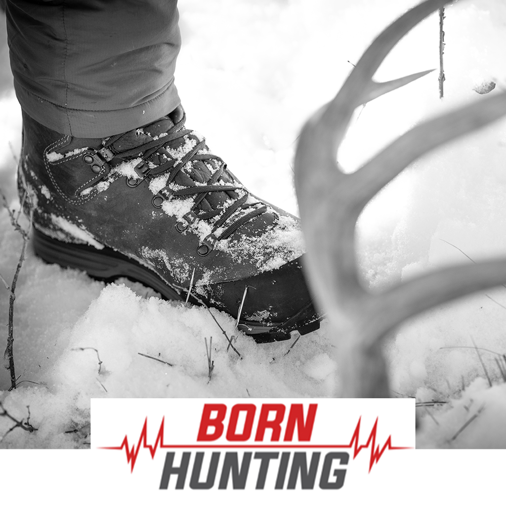 Meindl Comfort Fit Hunter 400 – As Featured in Born Hunting – 400g Insulated Hunting Boot Worn by Hunter in Snow With Deer Antler Visible in Cold Winter Conditions