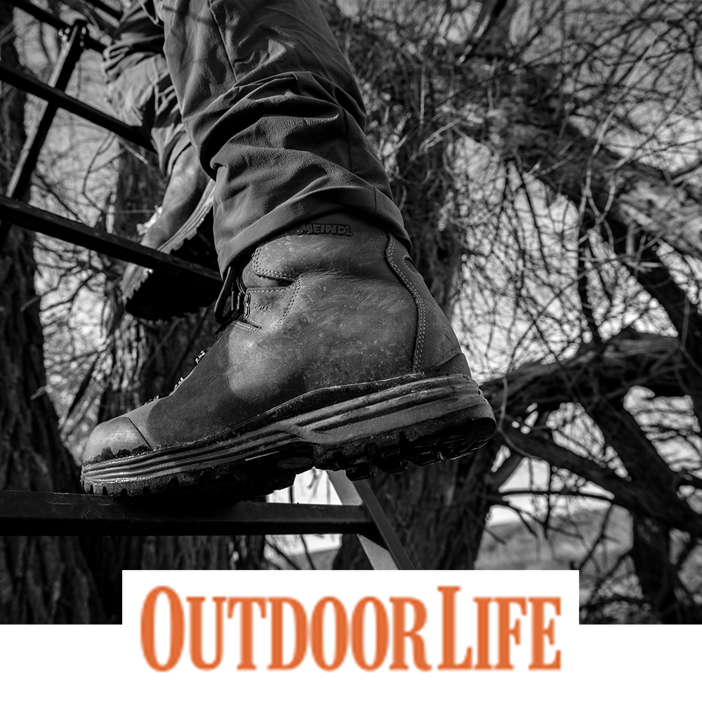 Meindl Comfort Fit Hunter 400 – As Featured in Outdoor Life Magazine – 400g Insulated Leather Hunting Boot Worn by Hunter Climbing Elevated Hunting Blind Ladder in Woodland Setting