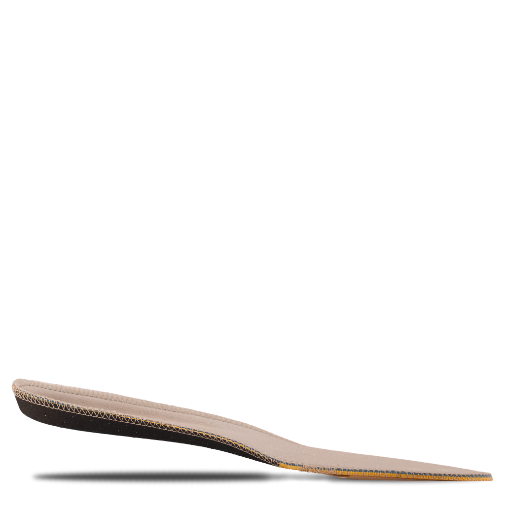 Meindl Comfort Fit Sport Insole – Bottom View Showing Yellow Heel Cushion Zone and Black Perforated Forefoot Base Layer on White Background