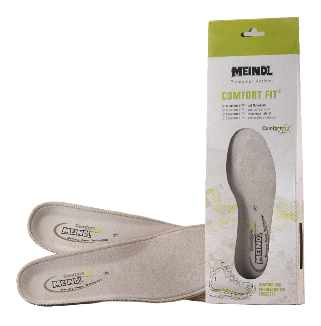 Meindl Comfort Fit Sport Insole – Beige Suede Memory Foam Insole Pair Shown With Retail Packaging Featuring Comfort Fit Branding and Natural Memory Foam Description