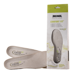 Meindl Comfort Fit Sport Insole – Beige Suede Memory Foam Insole Pair Shown With Retail Packaging Featuring Comfort Fit Branding and Natural Memory Foam Description