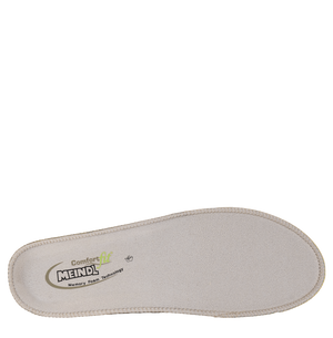 Meindl Comfort Fit Sport Insole – Side Profile View Showing Beige Suede Top Layer Over Black Perforated Base With Yellow Contrast Stitching on White Background