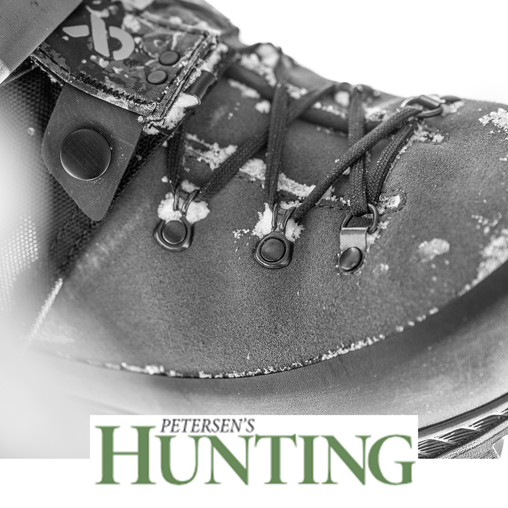 Meindl Kibo GTX Hunter 300 – As Featured in Petersen's Hunting Magazine – Gore-Tex 300g Insulated Hunting Boot Close-Up With Snow Covering Upper and Laces Showing Cold-Weather Waterproof Performance