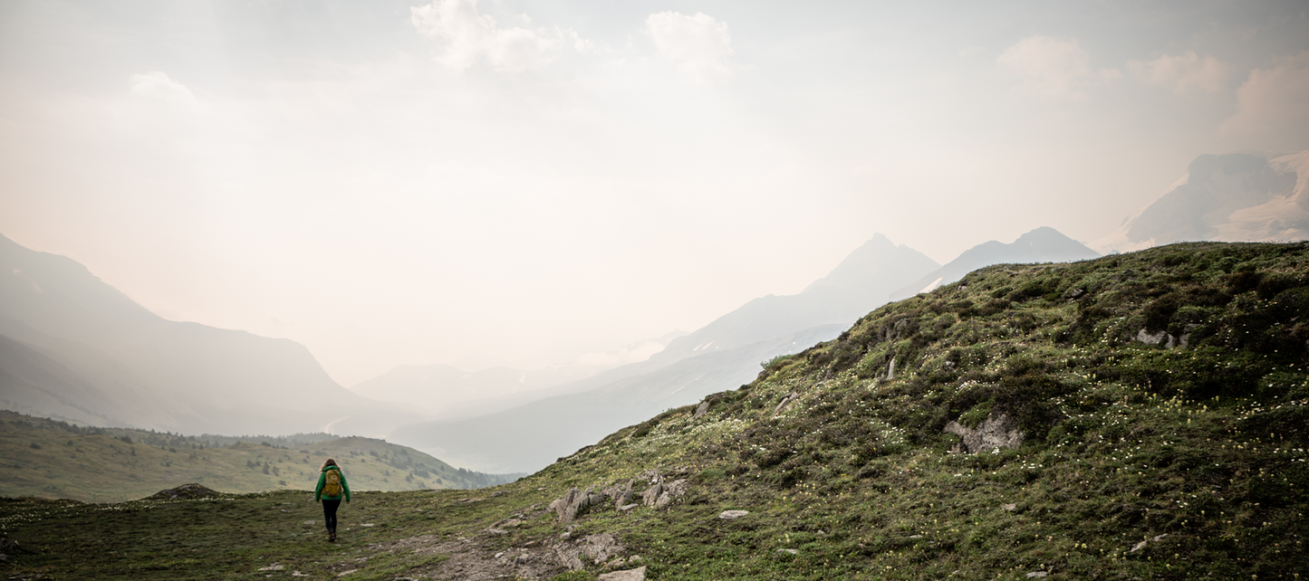 Woman in Green Jacket and Yellow Backpack Hiking Alone on a High Alpine Trail Through Misty Mountain Meadow With a Sweeping Valley and Mountain Range Vista in Background