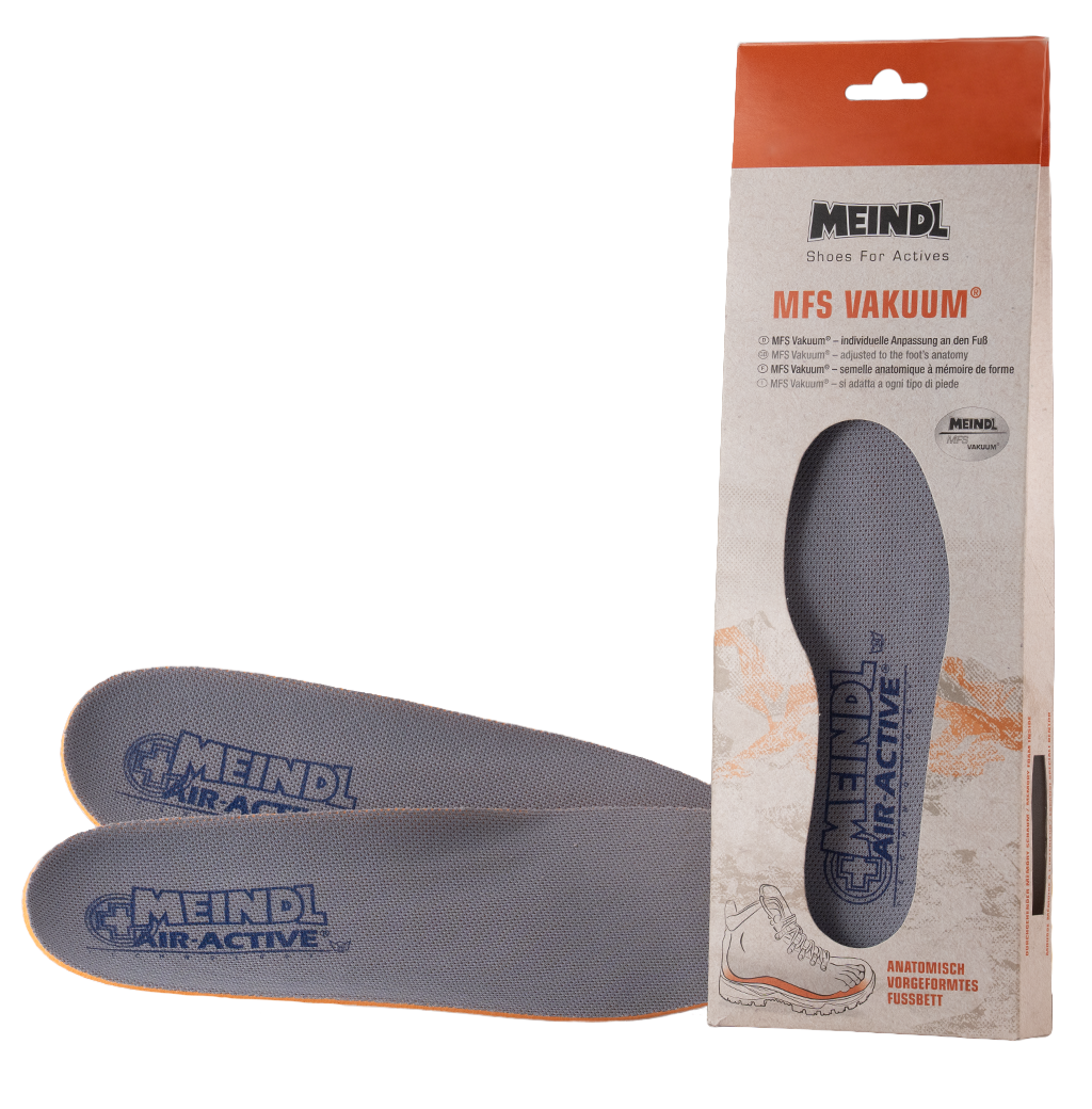 Meindl MFS Vakuum Air Active Insole – Gray Mesh Insole Pair Shown With Retail Packaging Featuring MFS Vakuum Branding and Memory Foam Cushioning