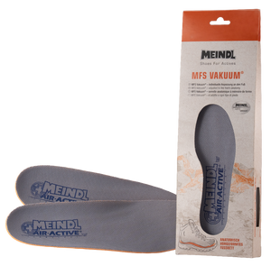 Meindl MFS Vakuum Air Active Insole – Gray Mesh Insole Pair Shown With Retail Packaging Featuring MFS Vakuum Branding and Memory Foam Cushioning